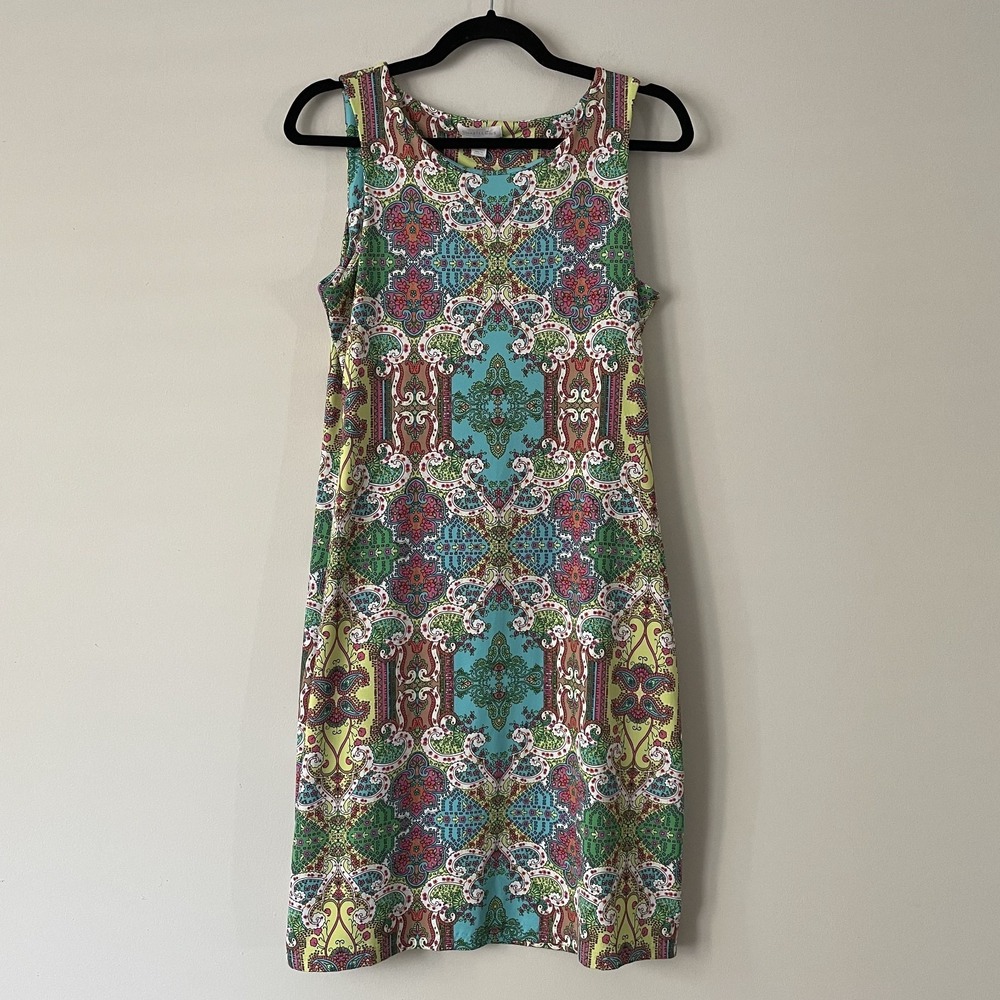 Charter Club Stretch Jersey Knit Paisley Floral Shift Dress Size M Boho Preppy